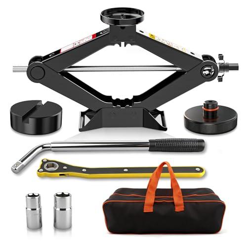 kefflum Cric per Auto Ispessito 1.5T, Kit Completo Include Chiave a Cricchetto Leva Telescopica per Pneumatici e 2 Cuscinetti in Gomma, Crick Auto per Cambio Gomme di Emergenza Portatile per SUV