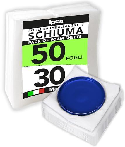 IPEA Fogli in Schiuma Poliuretano Espanso per Imaballaggio e Protezione - 50 Pezzi - Made in Italy - 30 x 30 cm - Foglio per Piatti, Bicchieri, Oggetti Fragili - Pluriball Spedizioni e Traslochi