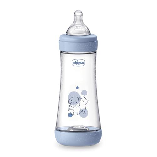 Chicco PERFECT 5 Biberon Anticolica da 300 ml, Biberon Flusso Veloce da 4 Mesi + con Tettarella in Morbido Silicone, Biberon simil seno materno, Biberon anticolica per allattamento misto, Blu