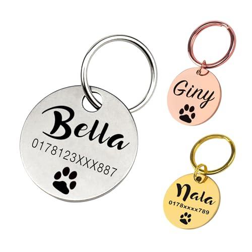 Targhetta per cani con incisione | Personalizzabile con nome, numero di telefono, calligrafia, zampa, cuore, corona | Ciondolo con nome in acciaio inossidabile da ⌀23 mm per collare