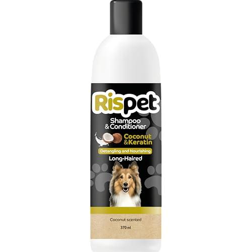 RISPET Shampoo e Balsamo Cocco e Cheratina, Detergente e Igienizzante per Cani e Animali a Pelo Lungo, Formula Delicata Senza Allergeni e pH Bilanciato, Profumazione al Cocco, 370ml