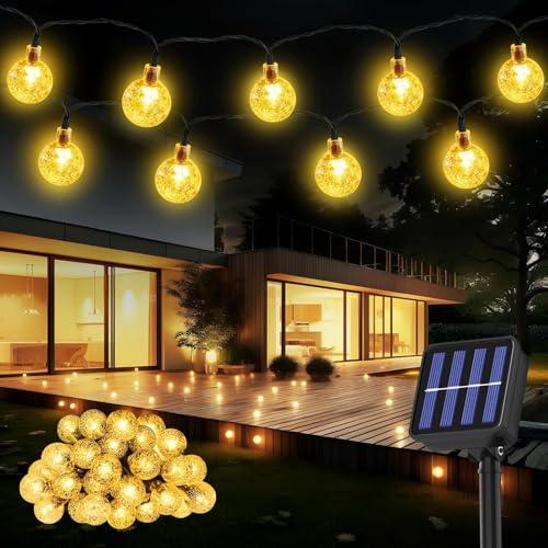 Suright Catena Luminosa Esterno Solare, 14 M, 60 LED, 8 Modalità, IP 65 Impermeabile Luci Solari Da Giardino,Per Giardino,Balcone,Terrazza, Natale, Matrimoni, Feste, Diametro 17mm (Bianco Caldo)
