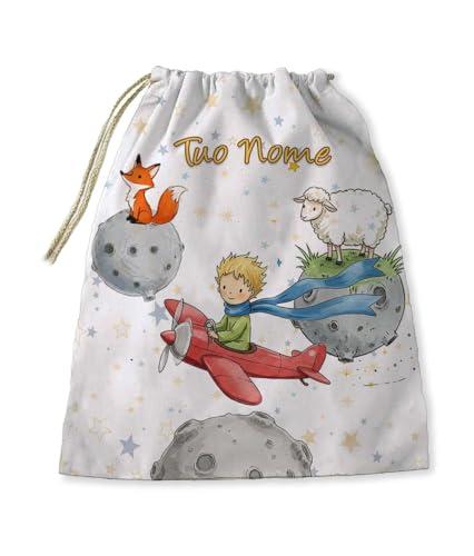 Sacca Asilo personalizzata con nome bambino/a .Sacchetto porta bavaglini o tovagliette ecc Scuola Materna/Elementare, Nido,Sport, inizio scuola. 33x41 cm (adatta a Piccolo Principe)