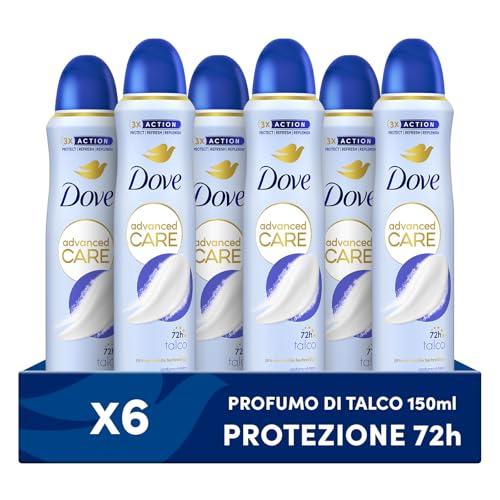 Dove Deodorante Spray Advanced Care Talco, con Formula Idratante e Delicata sulla Pelle, Senza Alcol, Pelle Asciutta Fino a 72 Ore, Deodorante Uomo e Donna, 6 Pezzi da 150ml
