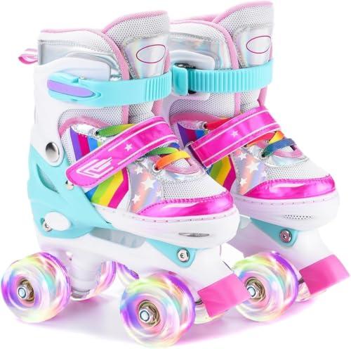 ERNAN Pattini a Rotelle regolabili. patini bambini 4 ruote luminosi per ragazze e ragazzi. Comodi pattini ideali per principianti (Rainbow B, M)