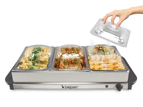 BEPER P101TEM002 Scaldavivande da Buffet, Mantenitore di Calore per Pietanze, 4 Vassoi Rimovibili + Base Piastra Calda, Termostato Regolabile e Maniglie Termoisolanti, Ideale per feste ed eventi