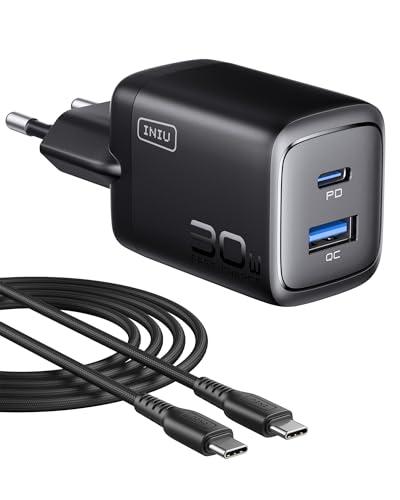 INIU 30W Caricatore USB C, Presa alimentatore con USB-C cavo, PD Compatto Caricatore Rapido, 2-Porto GaN Caricabatteria Rapido per iPhone 17 16 15 Pro Max, iPad Air, Samsung S25 Ultra, Pixel, Xiaomi