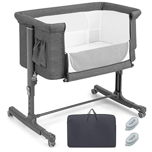 COSTWAY Culla Neonato Fianco Letto 3 in 1, Lettino Dondolo Neonati con Materasso, Culla da Campeggio con Ruote e Borsa, Regolabile In Altezza, Inclinazione di 10°, per Bambini 0-6 Mesi (Grigio Scuro)