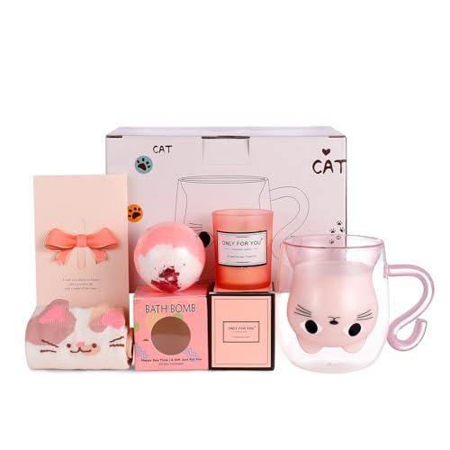 Qinhai Set Confezione Regalo Donna Tazza Gatto, Doppia Parete Vetro, da Caffe, Idee Regalo Amica Moglie Maestra Ragazzi, per Natale Pasqua Festa della Mamma Compleanno Halloween