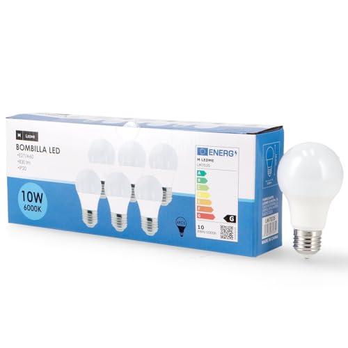 M Ledme - Confezione da 6 lampadine LED E27 A60 10W, luce fredda (6000k), attacco E27, 820 lumen, IP20, apertura fascio luminoso 200°, efficienza energetica e basso consumo. Modello LM7610