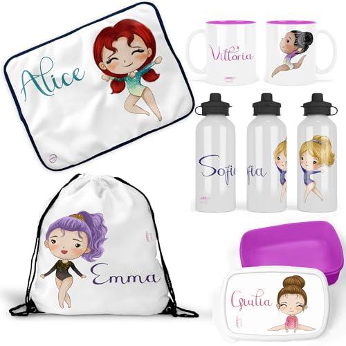 Set coordinato Ginnastica Ritmica Artistica per bambine, Borraccia, Portamerenda, Zainetto, Tovaglietta, Tazza in plastica personalizzati con nome
