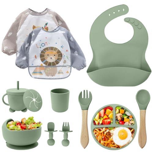 CUBTEM Set Pappa Svezzamento, Set di 12 Piatti per Bambini,Ventosa Ciotola e Cucchiaino per Neonati, Bavaglino in Silicone, Set di Posate per Bambini per Lo Svezzamento e L'Alimentazione