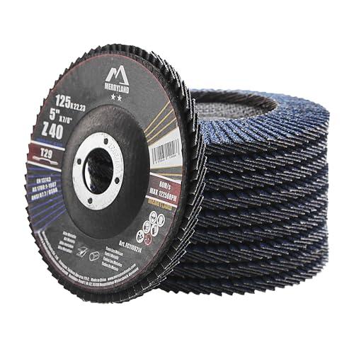 Merryland Dischi Lamellari 125 Ferro Metallo per Smerigliatrice Angolare, 125mm Grana 40 T29 Disco Lamellare 10 Pezzi, Corindone Zirconio Blu Acciaio INOX Dischi Abrasivi, Craft-Line FC1108214-10