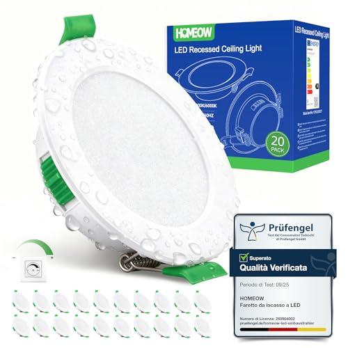 HOMEOW Set di 20 Faretti Led da Incasso per Cartongesso Dimmerabili, 5W Faretti Led Soffitto Incasso Foro 68-80mm, Luce Caldo 2700K Neutro 4000K Freddo 6000K, IP44 Faretto per Bagno Cucina