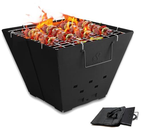 Snowpea Fuoco Portatile per Campeggio, Braciere Pieghevole All'aperto con Borsa per il Trasporto, Ciotola per il Fuoco in Ferro per Falò, Patio, Cortile e Giardino - Con griglia superiore