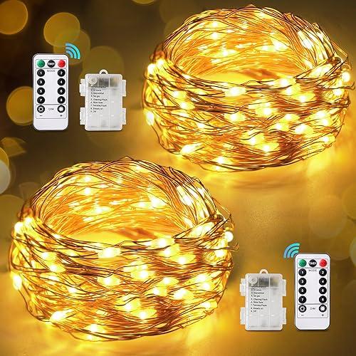 Luci Natale Esterno Batteria, 2*12M 120LED Luci Natale con Timer Dimmer, IP65 Impermeabile Luci Albero di Natale con Telecomando, 8 Modalità Luci Natalizie Led a Batteria per Interni, Feste, Balcone
