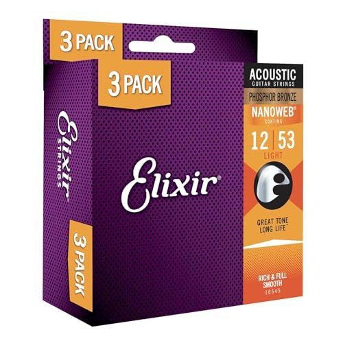 Elixir Strings - Corde per chitarra acustica Elixir Strings, Phosphor Bronze con rivestimento NANOWEB, tono brillante che dura nel tempo e tocco confortevole confezione da 3, Light 12-53