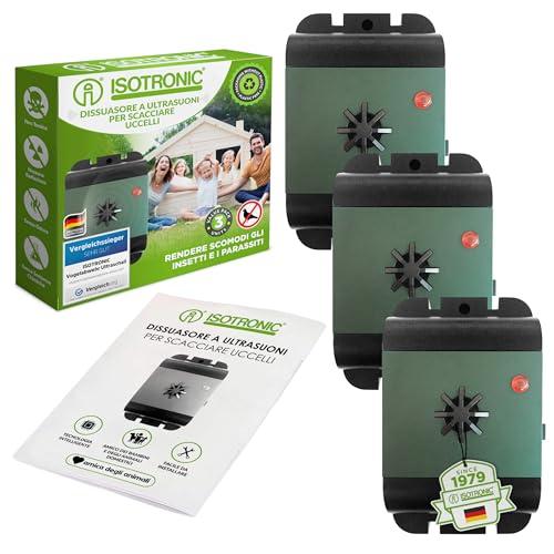 ISOTRONIC Deterrente per uccelli | Repellente a ultrasuoni | Dispositivi per scacciare piccioni e gabbiani | Dissuasore alimentato a batteria per balconi, finestre e alberi | Confezione da 3