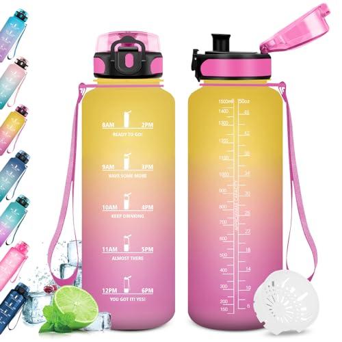 KollyKolla Borraccia 1.5L, Borraccia Palestra, Borraccia Motivazionale, Borraccia Sportiva con Indicatore del Tempo, a Prova di Perdite, senza BPA, Bottiglia Acqua Adulto, Scuola, Ciclismo, Fitness