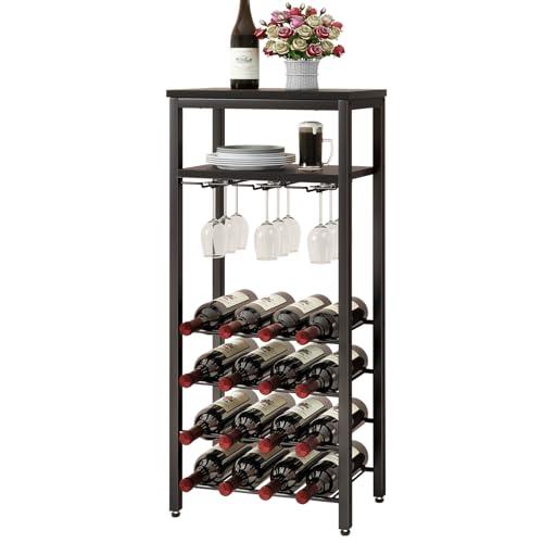 IBUYKE Portabottiglie da Terra per 16 Bottiglie,Cantinetta Vino con Porta Calici,Espositore per Vino,Mini Bar Porta Vino per Cucina, Bar, Sala da Pranzo,Soggiorno,Nero TMJ907B