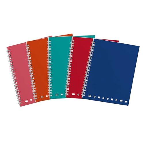 Pigna Quaderni Spiralati Monocromo, interno 1R, righe, senza fori, con microperforazione Carta 80 g, Copertine Assortite, Formato A5 16x20,5 cm, 5