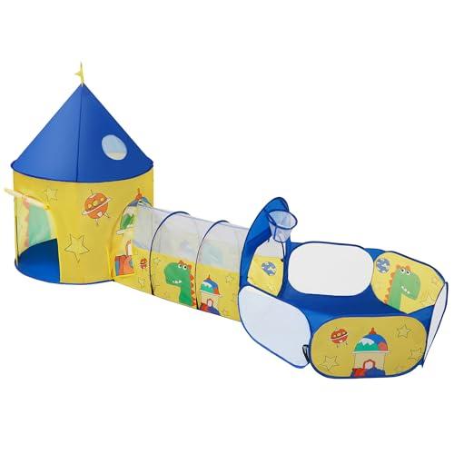SONGMICS Tenda da Gioco 3 in 1, Tenda Pop Up per Bambini, con Casetta Tunnel e Piscina di Palline, a Tema di Spazio e Dinosauro, Idea Regalo per Compleanno, Giallo e Blu LPT702Y01