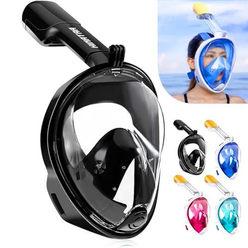 HINATAA Maschera da Snorkeling Integrale a 180°, Design per respirazione Libera, Anti-Appannamento e Anti-perdite, con Cinghie Regolabili per la Testa, per Adulti, Ragazzi e Bambini (L/XL, Nero)