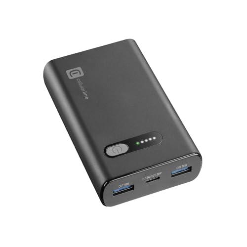 Cellularline - Fast PD 10000 - Caricabatterie Portatile Veloce - Power Delivery 10000mAh -+72 Ore di carica - Porta USB-C: INPUT 18W/OUTPUT: 20W PD - 2 Porte USB: OUTPUT: 18W - Nero