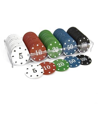 YIMINGOUFEI Set di fiches da poker con 100 pezzi, qualità da casinò, fiches più farbige (5-10-20-50-100), con scatola di riserva