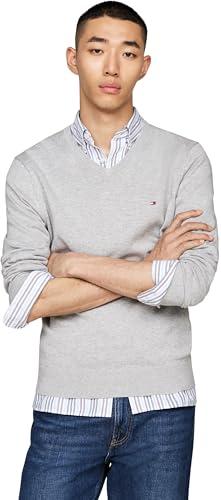 Tommy Hilfiger Uomo Pullover Essential Cotton Scollo a V, Grigio (Light Grey Heather), M