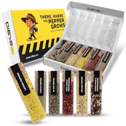 DIBYS Pepe Set Misto | 6 Raffinate Variazioni di Pepe in Provette con Ricette Incluse | Mix di Pepe Eccitante e Variato | Confezione Spezie Regalo per Chef e Cuochi Appassionati | Cucina