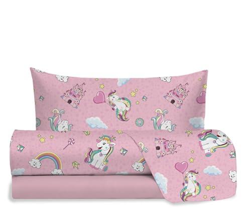 hermet Jolly, Set Lenzuola Letto Singolo Unicorno, 100% Cotone, Lenzuolo Sopra + Lenzuolo con Angoli + Federa, Completo Letto Rosa Cameretta