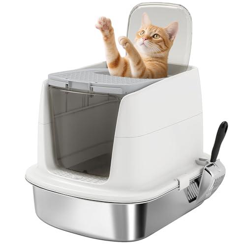 PawHut Lettiera per Gatti Chiusa a 2 Ingressi con Deodorante e Paletta, Lettiera per Gattini in Acciaio Inox, ABS e PP, 52.4x41.3x39.8 cm, Bianco