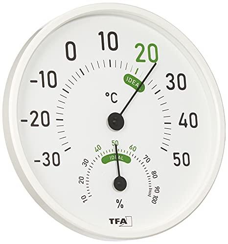 TFA Dostmann Termometro Igrometro, Termoigrometro analogico, clima interno ambiente, 45.2045.02, per interni ed esterni, Temperatura e Umidità con zone di comfort colorate, bianco