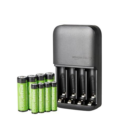 Amazon Basics Batterie con caricabatterie a 4 alloggiamenti, spina UE, 4 AAA 800mAh + 4 AA 2000mAh, Nero, 8 unità