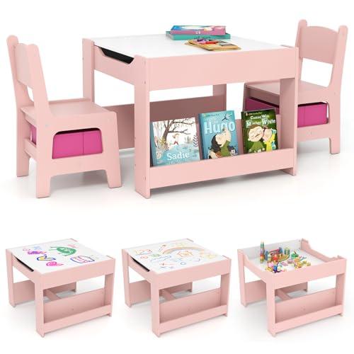 COSTWAY Tavolino Bambini 4 in 1, Set Tavolo e 2 Sedie con Lavagna Rimovibile, Librerie e Scatola in Tessuto, Mobile Salvaspazio per Scuola, Asilo e Cameretta per 3+ Anni (Rosa)