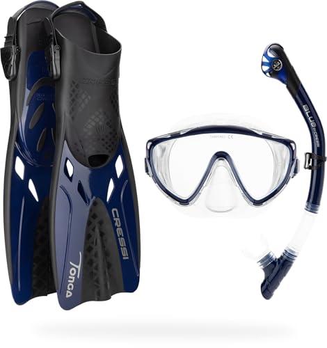 CRESSI Tino Adventure Set Clear/Blue Navy [S/M] - Set Pinne Tonga, Maschera Tino e Snorkel Scilla, per Snorkeling e Immersioni, Trasparente/Blu Navy, S/M, Adulti