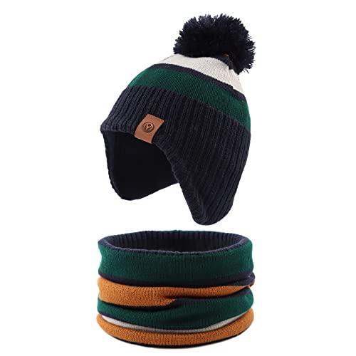 XIAOHAWANG Strisce Inverno Beanie Cappello Lavorato a Maglia Ragazzi Ragazze Toddler Bambini Caldo Bambino Classici Beanie Cappelli (Verde(Cappello+Scarpa), L)