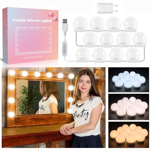 Akynite Luci da Specchio Hollywood 12 Lampadine con Adattatore, Cavo USB Regolabile, 3 Colori e 10 Intensità, Make Up Luci Adesive per Specchio Trucco, Luci a LED Make Up per Cornice Specchio