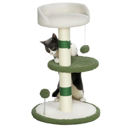 PawHut Albero Tiragraffi con Lettino per Gatti, 2 Palline, Piattaforma e Palo in Sisal, Palestra per Gatti con Rivestimento in Chenille e Peluche, Verde e Bianco