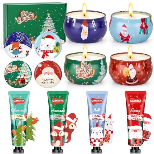 Set da Regalo Natale, 4 pezzi Candele Profumate Natale + 4 pezzi Crema Mani Regalo Natale, ad Alta Idratazione, Cera di Soia Naturale Aromaterapia, Set Candele Profumate Regalo Natalizie per Donne