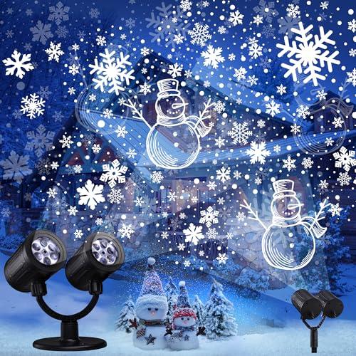 iShabao Proiettore Natale Esterno Doppia Testa Dinamico LED Fiocchi di Neve Pupazzo di Neve Proiettore con Timer Luci di Natale Impermeabili Esterni per Giardino Finestra Parete Feste Decorazione