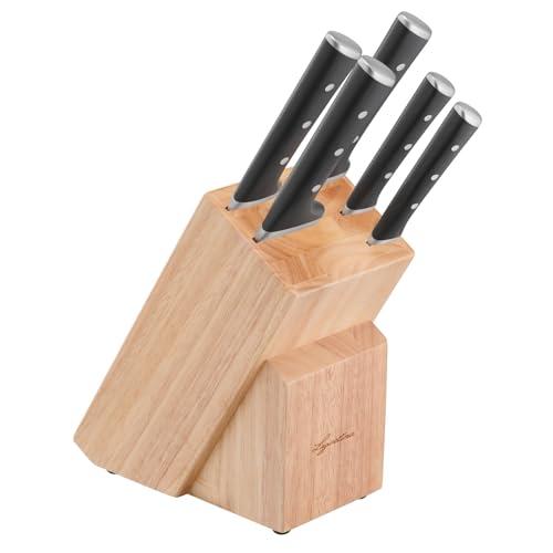 Lagostina Iceforce Set da Cucina - Ceppo in Legno con 5 Coltelli in Accaio Inox: Pane 20cm, Chef 20cm, Santoku 18cm, Multiuso 11cm e Spelucchino 9cm