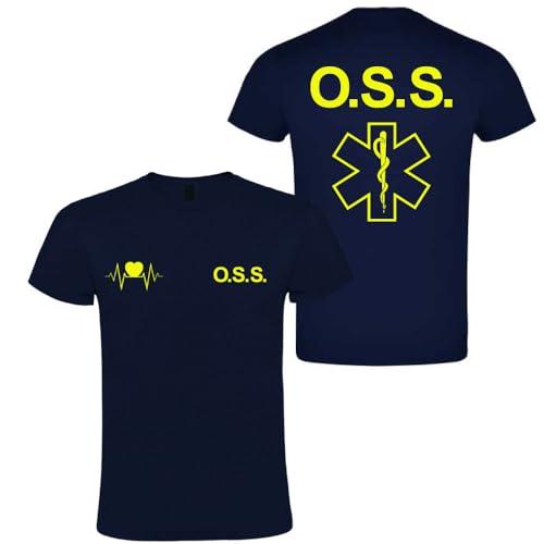 T-shirt in cotone adatto per OSS 118 soccorso con stampa fluo fronte e retro NM (Blu Navy, M)