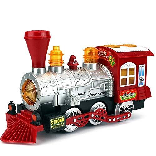 BAKAJI Trenino Locomotiva con Canna Fumaria Spara Bolle Treno Giocattolo per Bambini Luci Suoni Movimento Mistero Bump e Go a Batteria Boccetta Bolle di Sapone Inclusa
