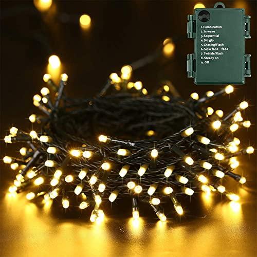 PhilzOps Catena Luminosa Natale Esterni, 20M 200 LED Luci Albero di Natale Batteria Bianco Caldo 8 Modalità Impermeabile Luci Fatate Decorazioni per Casa Interni Matrimonio Festa Giardino