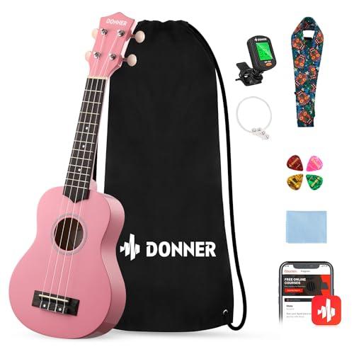 Donner Ukulele per Principiante Soprano Ukulele Kit 21 Polllici con Custodia Corde Ukelele Hawaiano Online Lezione Colore Rosa