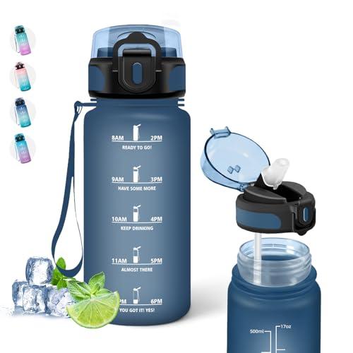Borraccia, 500ml Borraccia Bambini, Borraccia con Cannuccia Senza Perdite, Borraccia con Orari per Bere, Facile da Pulire, Borraccia Motivazionale con Scala Temporale, per Scuole, Campeggio, Blu Navy