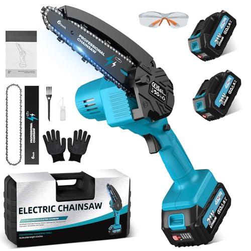 Mini Motosega a Batteria per Potatura con 2x4000mAh Batterie, 6 Pollici Motosega Elettrica con Catena di Ricambio e Pompetta Olio, Sega a Batteria per Potatura per il Taglio del Legno Giardini