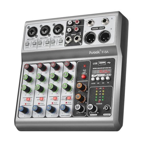 Aveek Audio Mixer, Console di Mixaggio con Scheda Audio Digitale a 5 Canali USB Bluetooth effetto ritardo, ingresso 48 V Phantom Power Stereo DJ Mixer per registrazione, streaming live e podcasting